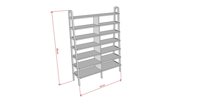 Dimension diagram of the wide mid century modern wooden bookcase showing height 190 cm, depth 40 cm and width options from 97 to 189 cm.