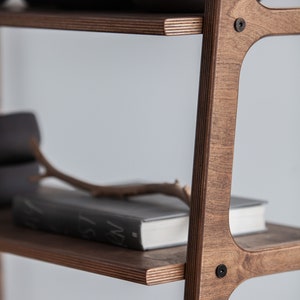 Op de afbeelding: Een houten ladderrek met vier planken. De planken zijn gemaakt van multiplex en hebben een donkerbruine vlek. Het rek is gemaakt van massief hout en heeft een natuurlijke afwerking. Het rek is leeg behalve voor een boek op de onderste plank.