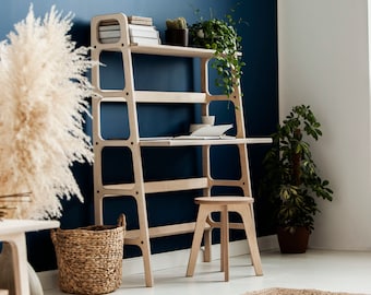 Tall Wooden Desk with Shelves: Scandinavian Handmade Computer Desk, Office desk