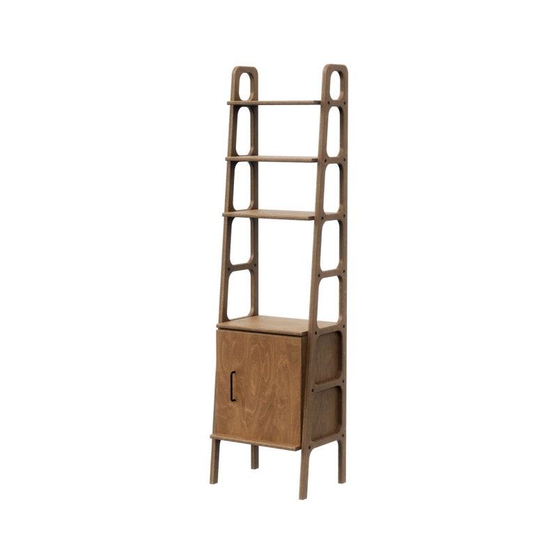 Mid Century Bookcase with Cabinet, Wooden bookcase, Vintage Ladder Bookshelf, Scandinavian Bookshelf, Japandi bookcase Walnut