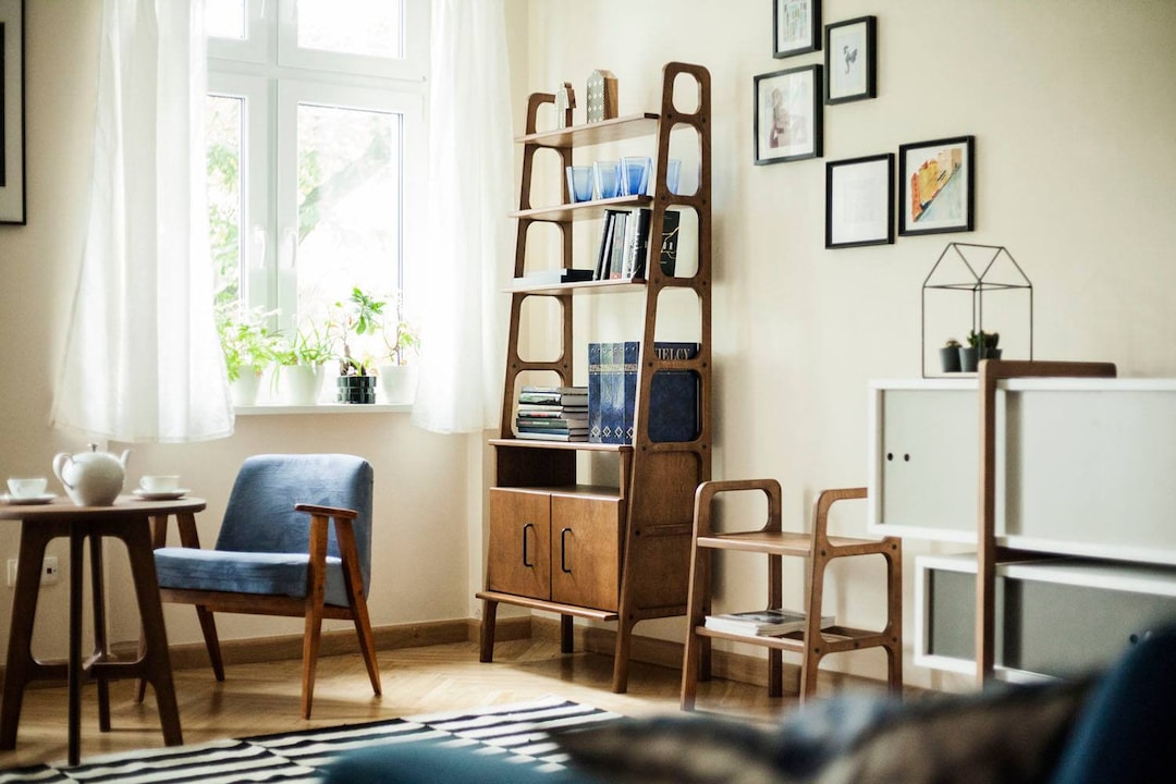 Mid Century Modern Ladder Bookshelf, Modular Wall Shelving, Walnut