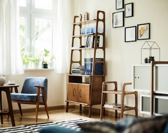 Mid Century Modern Ladder Bookshelf, Modular wall shelving, Walnut bookcase, Shelves