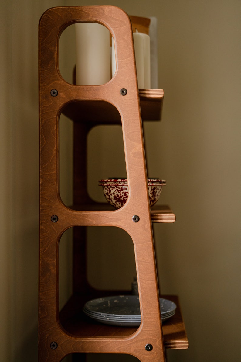 Mid Century Bookcase with Cabinet, Wooden bookcase, Vintage Ladder Bookshelf, Scandinavian Bookshelf, Japandi bookcase image 6