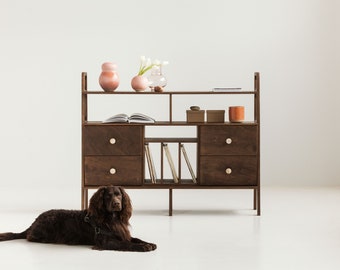 Aparador de vinilo / Credenza de madera — Estilo moderno de mediados de siglo — Almacenamiento modular — Parte trasera abierta — Tamaño/Acabado personalizado