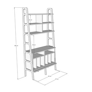 May include: A tall, open-shelf bookcase with a unique design. It features a slanted frame with rounded cutouts and a total of six shelves. The bookcase is 199 cm tall, 94 cm wide, and 56 cm deep.