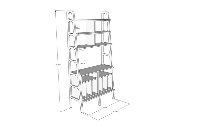 May include: A tall, open-shelf bookcase with a unique design. It features a slanted frame with rounded cutouts and a total of six shelves. The bookcase is 199 cm tall, 94 cm wide, and 56 cm deep.