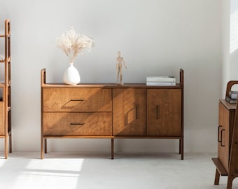Aparador de mediados de siglo de 143 cm con cajones y armario, credenza de madera, aparador buffet, consola multimedia, mueble de madera hecho a mano