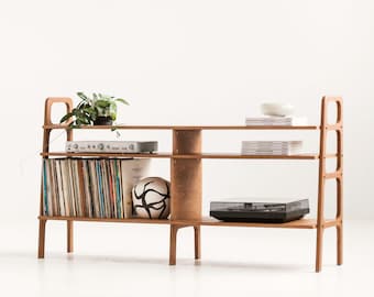 Long Vinyl Record Shelf, Low Record Storage Console 97-189 cm, Mid Century Vinyl Display, Wide LP Shelf, Wooden, Custom Size