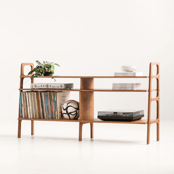 Longue étagère à vinyles · console disques basse 97–189 cm · présentoir vinyle mid-century · large étagère LP · bois