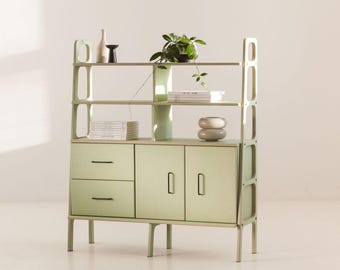Storage Bookcase 140 cm Tall with Drawers & Cabinet, Mid Century Wall Unit 120 cm Wide, Wooden Shelving, Custom Size