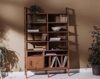 Modular wall shelving, Ladder bookshelf, Custom furniture, Mid century wall unit, Walnut bookcase, Vinyl Record Storage, Turntable stand