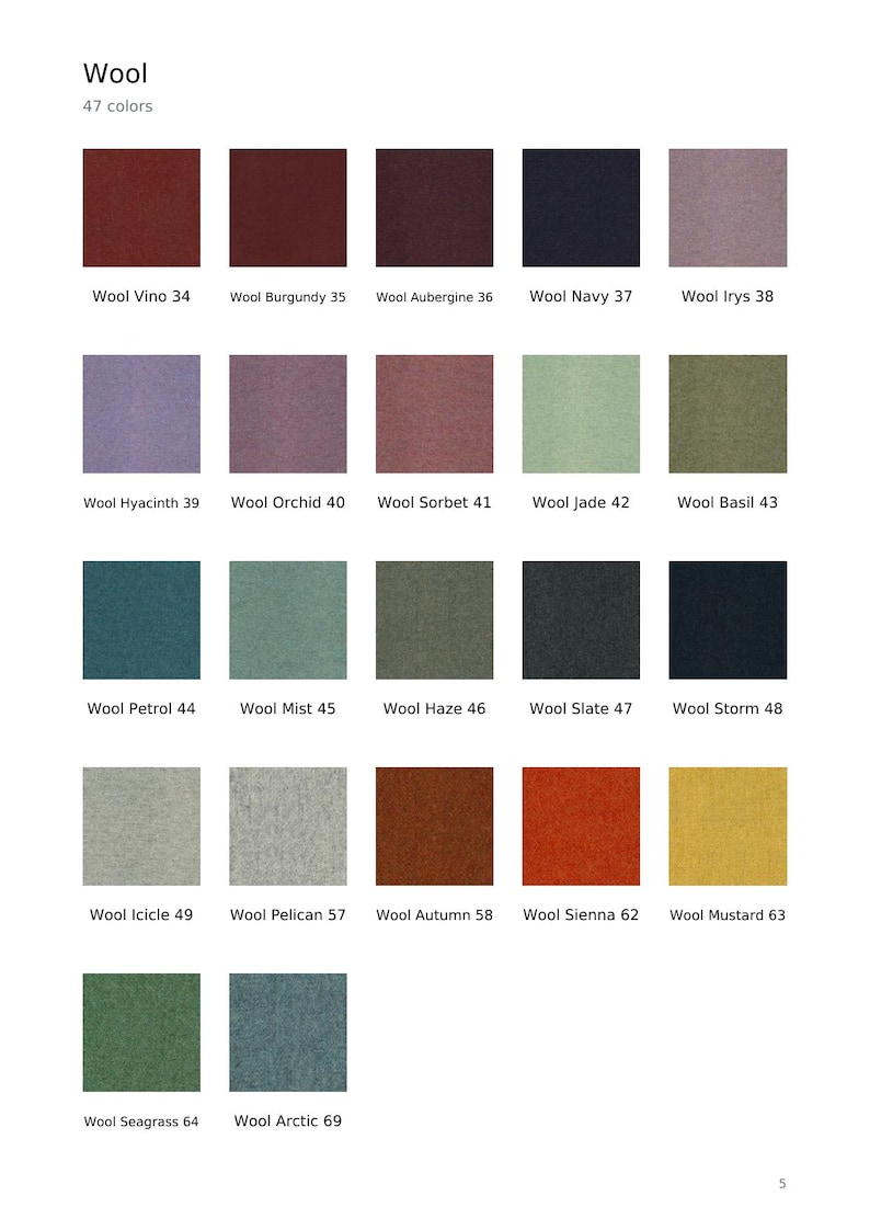 May include: A color chart titled Wool 47 colors displaying twenty-two square fabric swatches in various shades including Vino 34, Burgundy 35, Aubergine 36, Navy 37, Irys 38, Hyacinth 39, Orchid 40, Sorbet 41, Jade 42, Basil 43, Petrol 44, Mist 45, Haze 46, Slate 47, Storm 48, Icicle 49, Pelican 57, Autumn 58, Sienna 62, Mustard 63, Seagrass 64, and Arctic 69.