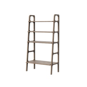 May include: A brown wooden bookshelf with four shelves and rounded edges. The bookshelf has a modern design and is made of plywood.