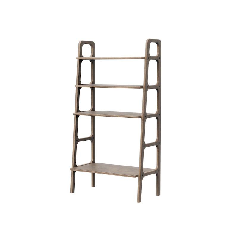 May include: A brown wooden bookshelf with four shelves and rounded edges. The bookshelf has a modern design and is made of plywood.
