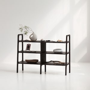 Black wooden bookshelf, Wooden Minimalist bookshelf, Mid century bookcase, Ladder bookshelf, Custom bookcase, Handmade furniture