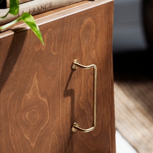 Può includere: Primo piano di una porta di armadio in legno con una maniglia in metallo dorato. La maniglia ha una forma rettangolare semplice con bordi arrotondati.