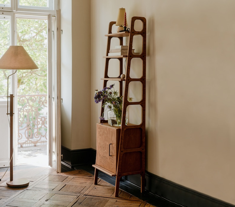 Mid Century Bookcase with Cabinet, Wooden bookcase, Vintage Ladder Bookshelf, Scandinavian Bookshelf, Japandi bookcase image 1