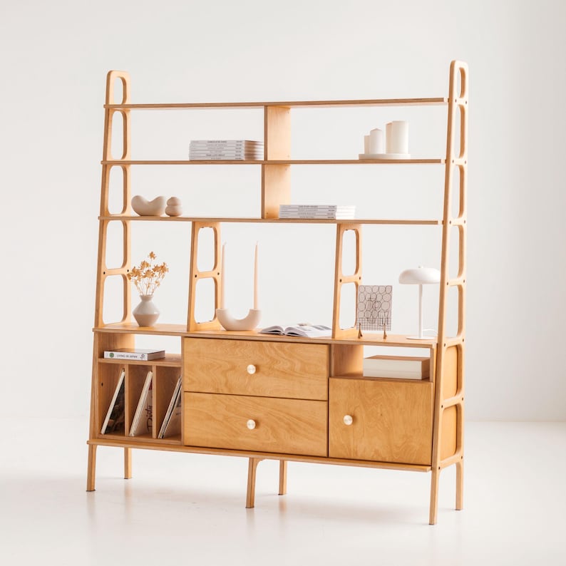 Mid Century Bookcase With Drawers, Handmade Bookshelf, Wooden Bookcase ...