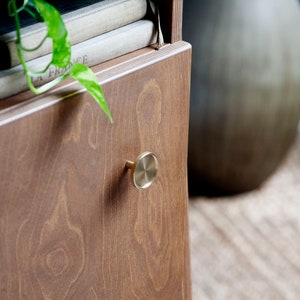 Op de afbeelding: Close-up van een houten kastdeur met een messing knop. De kastdeur heeft een houtnerfpatroon en is lichtbruin van kleur.
