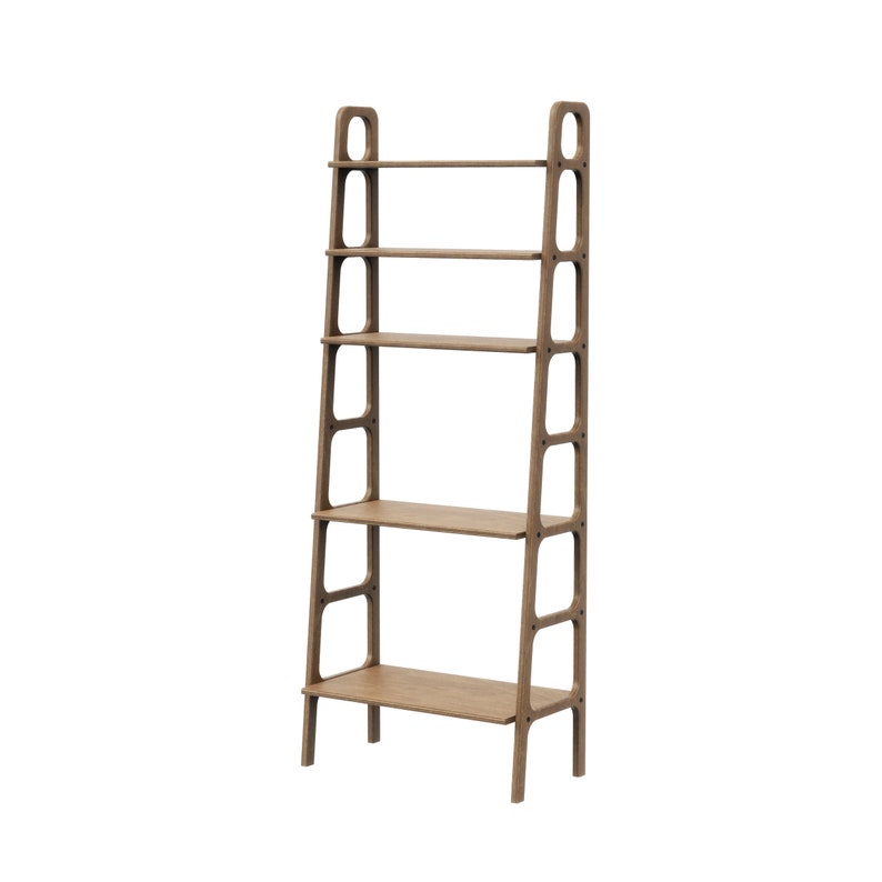 Op de afbeelding: Een bruine houten ladderplank met vijf planken. De plank heeft een uniek ontwerp met afgeronde uitsparingen aan de zijkanten.