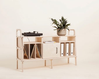 Mueble para vinilos, mueble para multimedia, soporte para tocadiscos, mueble para TV, consola multimedia, aparador escandinavo moderno de mediados de siglo, oficina en casa