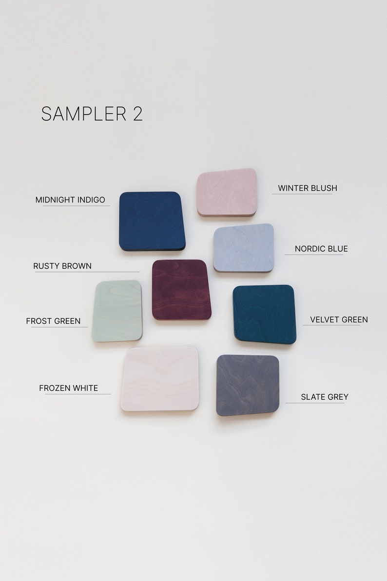 May include: A colour chart with ten paint samples, labelled with names such as "Midnight Indigo", "Rusty Brown", "Winter Blush", and "Slate Grey".