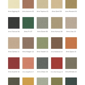 May include: A color palette chart titled Arno featuring 38 colors displayed as individual squares. Each square is labeled with a name and number, including Eggnog 01, Autumn 02, Tapioca 03, Sand 04, Mustard 05, Charcoal 06, Fir 07, Stone 08, Humus 09, and Lilas 10.