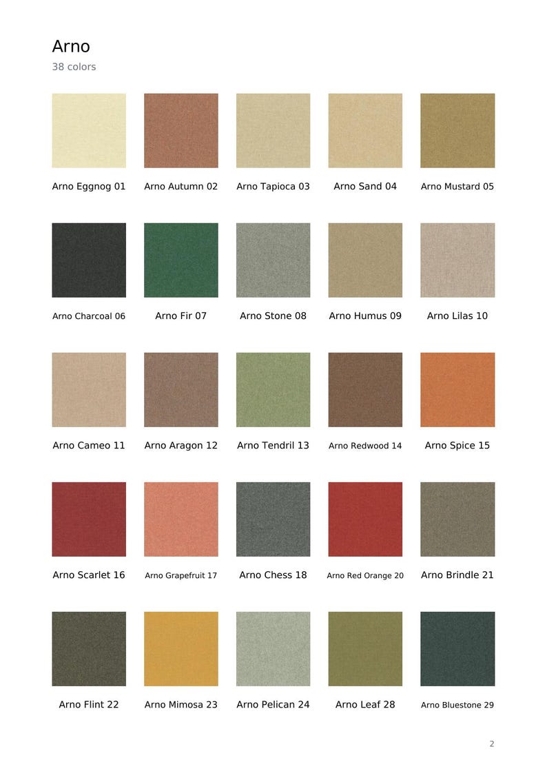 May include: A color palette chart titled Arno featuring 38 colors displayed as individual squares. Each square is labeled with a name and number, including Eggnog 01, Autumn 02, Tapioca 03, Sand 04, Mustard 05, Charcoal 06, Fir 07, Stone 08, Humus 09, and Lilas 10.