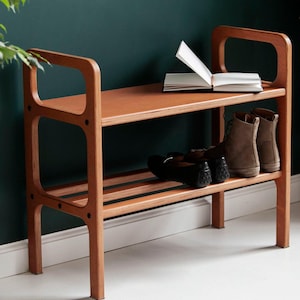 Bench with Shoe Storage, Low Entryway Shoe Shelf Seat, Mid Century Modern Wooden Bench, Custom Size