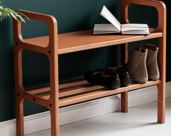 Bench with Shoe Storage, Low Entryway Shoe Shelf Seat, Mid Century Modern Wooden Bench, Custom Size