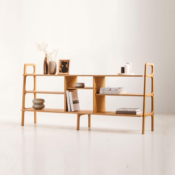 Mid Century Modern Ladder Bookcase: Walnut wooden bookshelves