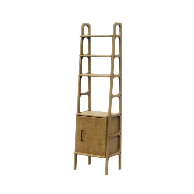 Mid Century Bookcase with Cabinet, Wooden bookcase, Vintage Ladder Bookshelf, Scandinavian Bookshelf, Japandi bookcase Oak