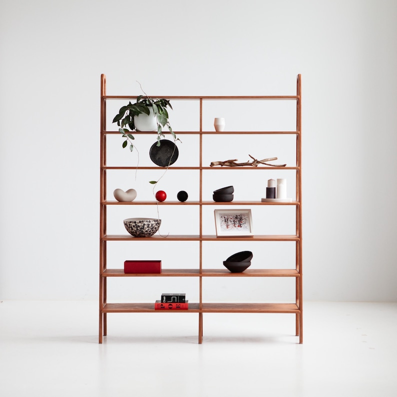 Wide Mid Century Modern Bookcase, Custom Walnut bookcase, Ladder bookshelf, Modular storage, Handmade furniture, Shelving unit image 12