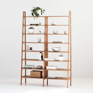 Ready to ship Ladder bookshelf, Wide Mid Century Modern Bookcase, Custom bookcase Walnut bookcase, Mid century bookcase, Shelving unit