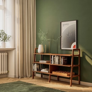 Wide Mid Century Modern Bookcase, Custom bookcase, Walnut bookcase, Home Office, Ladder bookshelf, Mid century bookcase