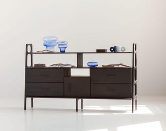 Wide Wall Unit 189 cm with Drawers & Open Bay, Mid Century Shelving 114 cm Tall, Wooden Storage Bookcase, Custom Size
