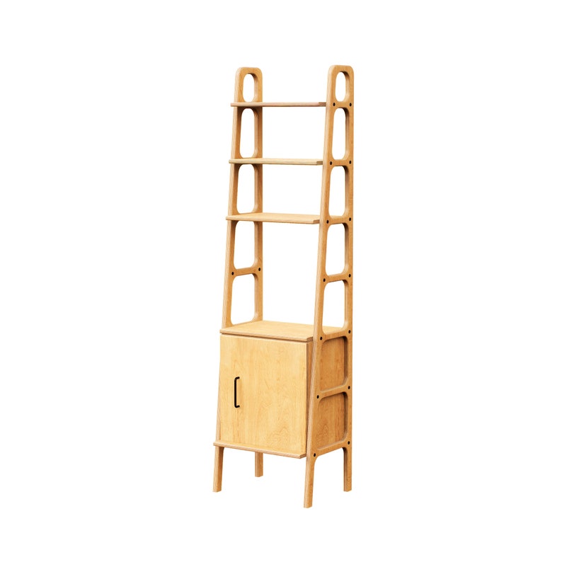 Mid Century Bookcase with Cabinet, Wooden bookcase, Vintage Ladder Bookshelf, Scandinavian Bookshelf, Japandi bookcase Light Oak