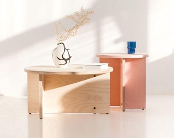 Table basse en bois, table basse ronde, lot de deux tables basses faites main, taille réglable