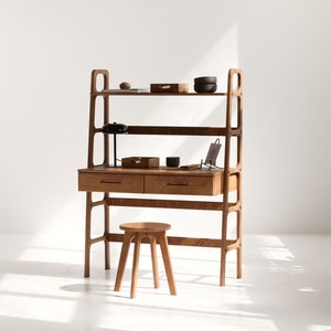 Computer desk, Bookcase desk, Mid century modern desk, Wooden desk, Computer Office desk, Minimalist desk, desk shelf, walnut desk