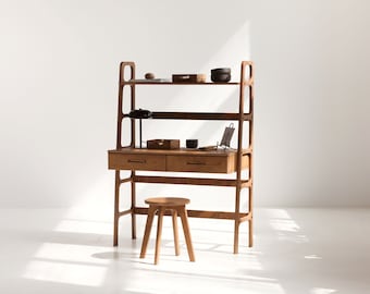 Computer desk, Bookcase desk, Mid century modern desk, Wooden desk, Computer Office desk, Minimalist desk, desk shelf, walnut desk