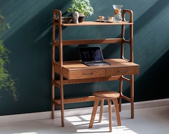 Bookcase desk, Mid century modern, Wooden desk Wood desk, Dressing table, Computer Office desk, storage and organization