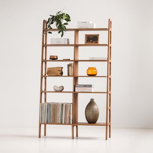 Mid Century Wooden Bookcase • Modular storage • Customizable Ladder-Style Bookshelf • Walnut, Oak & More