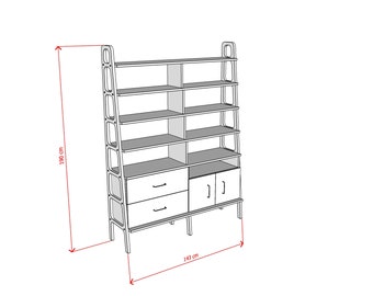 Librería moderna de mediados de siglo, Muebles de mediados de siglo, Librería hecha a mano, Librería de madera, Librería minimalista