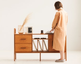 Aparador de 143 cm con cajones, mueble para vinilos y armario, credenza de teca de mediados de siglo, consola multimedia, almacenamiento de discos, madera hecha a mano