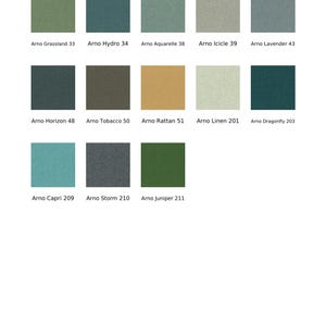 May include: A color palette chart titled Arno with 38 colors, displaying 13 square fabric swatches in shades of green, blue, gray, brown, and tan. Each swatch is labeled with its name and number, including Grassland 33, Hydro 34, Aquarelle 38, Icicle 39, Lavender 43, Horizon 48, Tobacco 50, Rattan 51, Linen 201, Dragonfly 203, Capri 209, Storm 210, and Juniper 211.