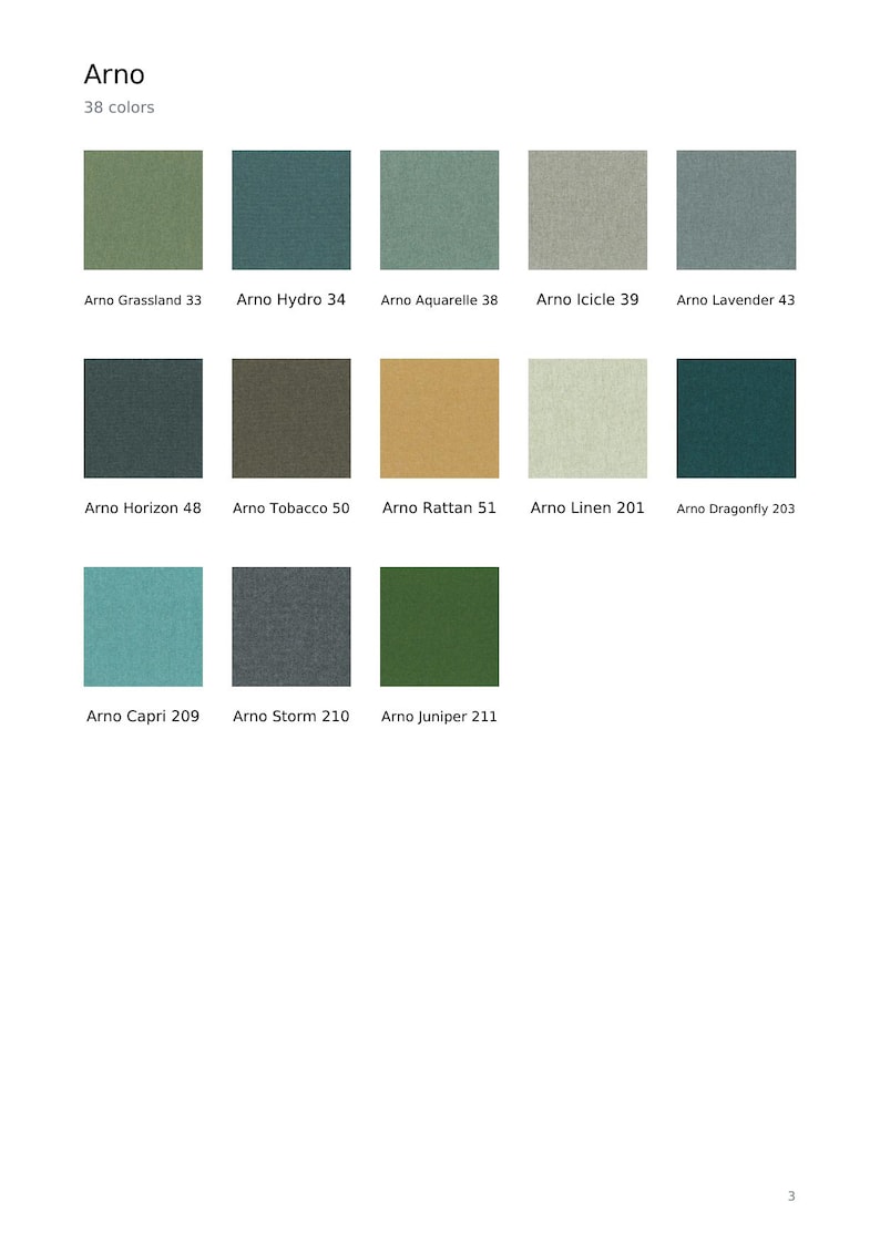 May include: A color palette chart titled Arno with 38 colors, displaying 13 square fabric swatches in shades of green, blue, gray, brown, and tan. Each swatch is labeled with its name and number, including Grassland 33, Hydro 34, Aquarelle 38, Icicle 39, Lavender 43, Horizon 48, Tobacco 50, Rattan 51, Linen 201, Dragonfly 203, Capri 209, Storm 210, and Juniper 211.