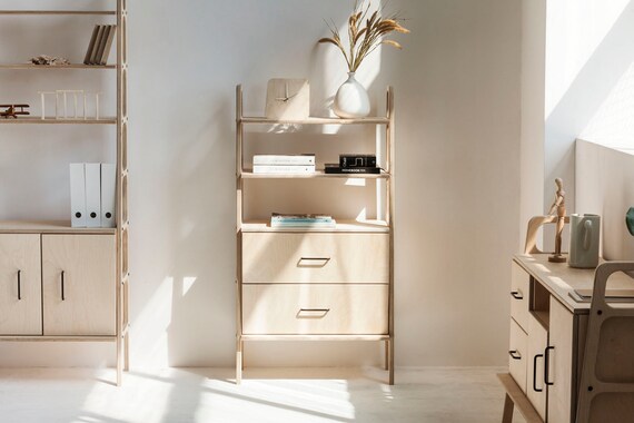 Mid Century Bookcase With Drawers Scandinavian Bookcase Etsy
