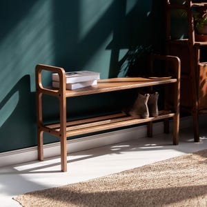 Mid-Century Modern Entryway Bench: Teak Shoe Storage, Baltic Birch