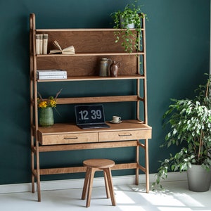 Work from home, Bookcase desk, Computer table, mid century modern, scandinavian decor, Wooden desk, office desk, walnut desk