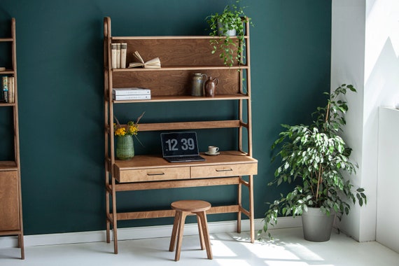 Travail à domicile, Bureau bibliothèque, Table d'ordinateur, décor  scandinave moderne du milieu du siècle, Bureau en bois, Bureau en bois,  WFH, maison du milieu du siècle -  France